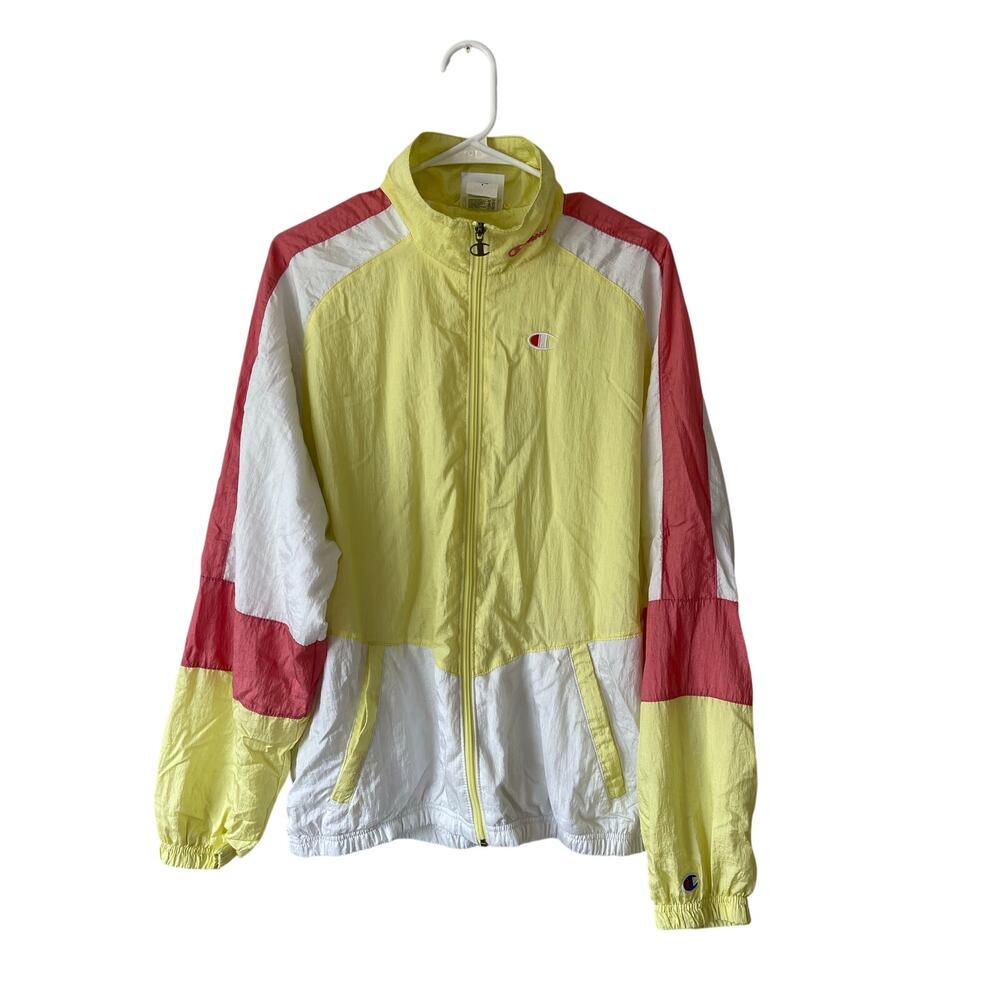 Champion women's vintage-style nylon windbreaker pink yellow color block medium